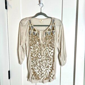 Anthropologie TINY Sequin Crushed Velvet Animal Print Henley Top Size Small